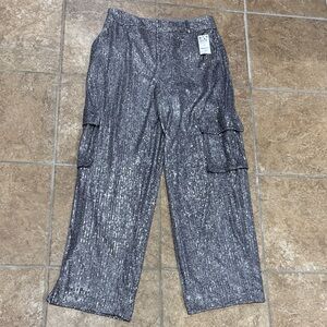Sequin Cargo Wide-Leg Pants - Silver